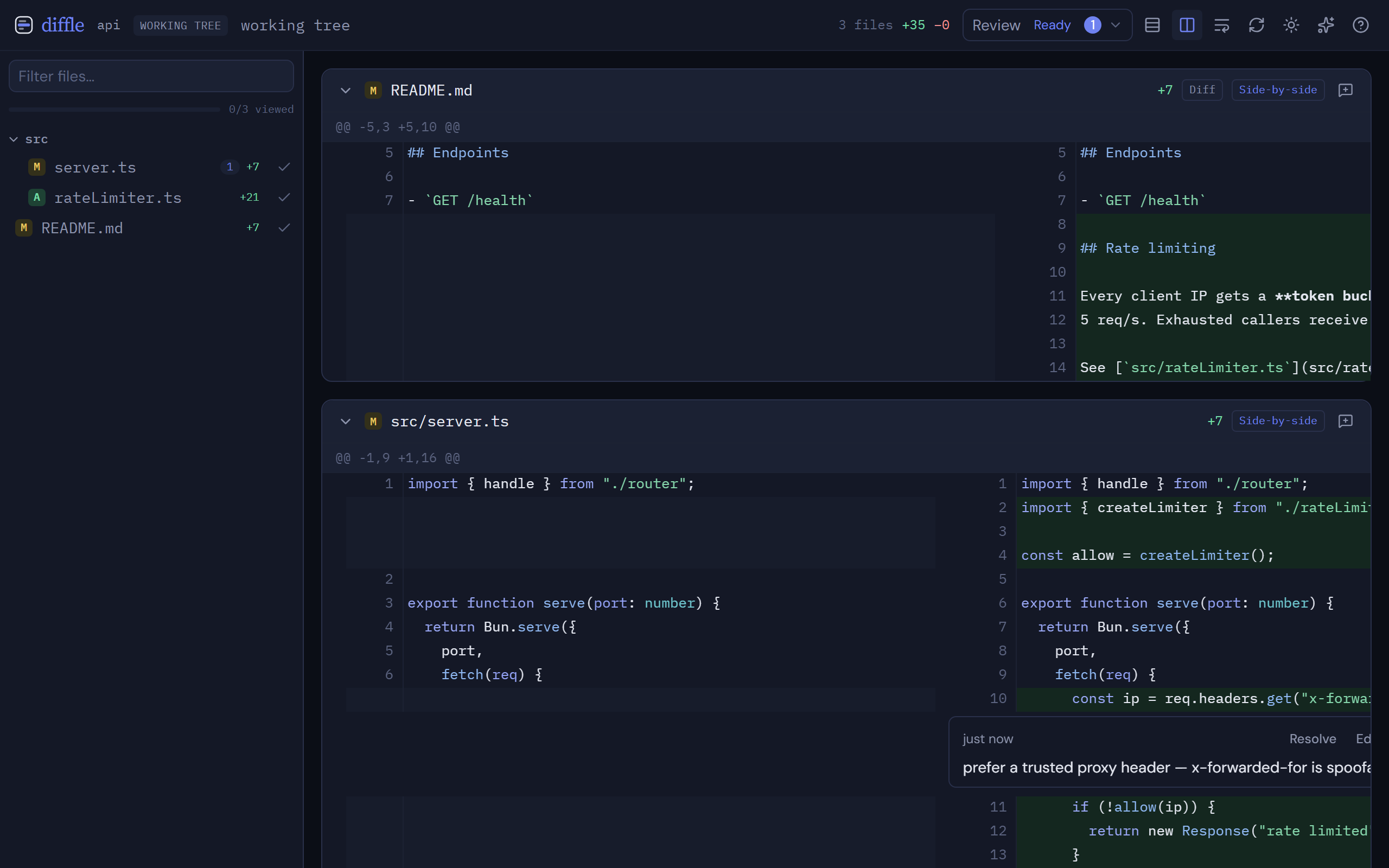A side-by-side diff: the old file on the left, the new file on the right, with an inline comment thread